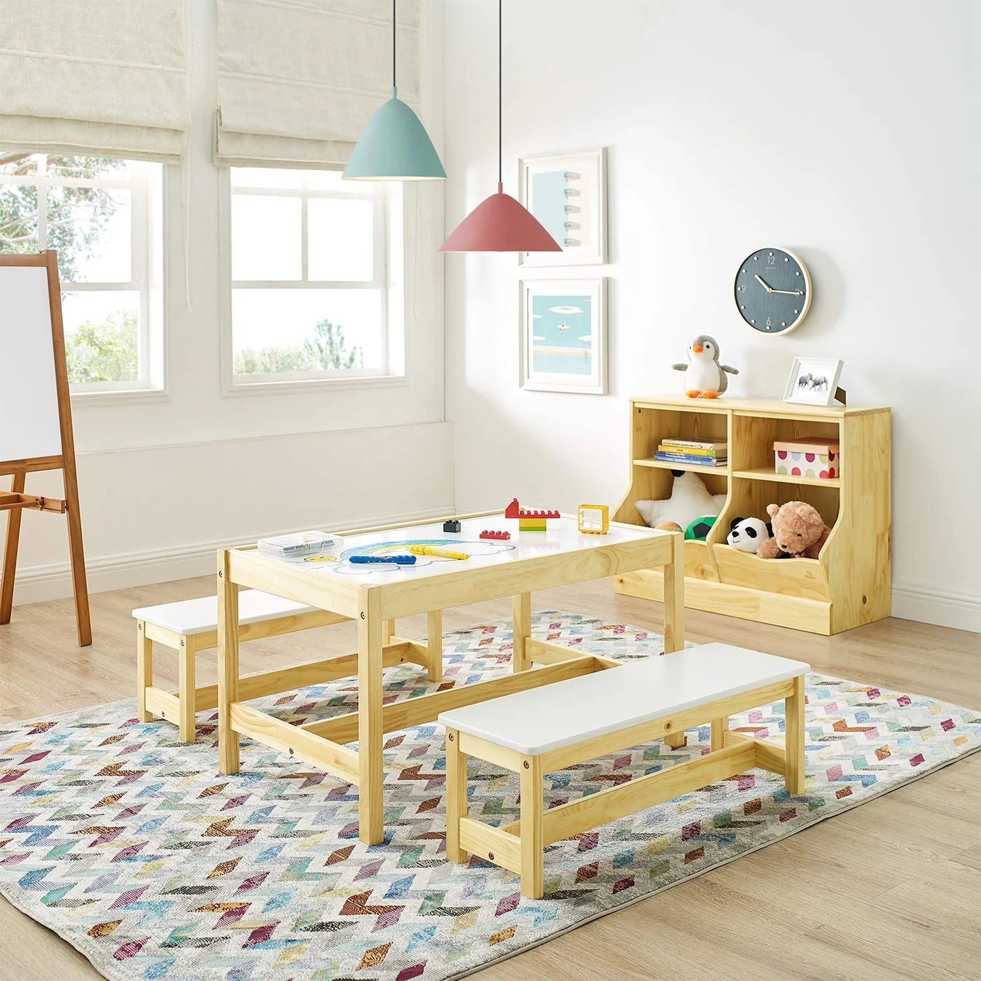 3 in 1 Kids Toddlers Play Table and Bench Chair Set